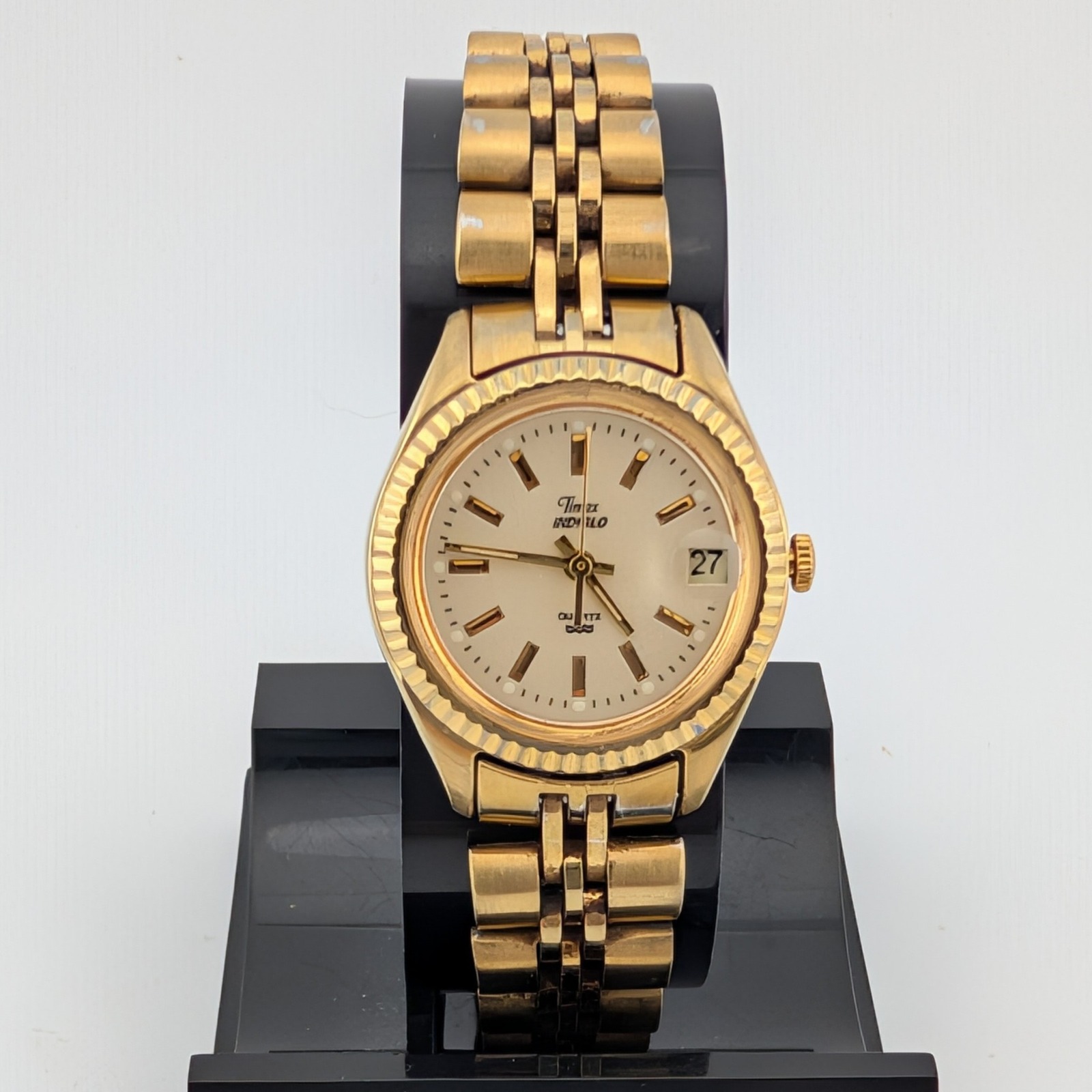 Timex Indiglo Watch Womens 65 Gold Tone Fluted Bezel Date Jubilee Bracelet